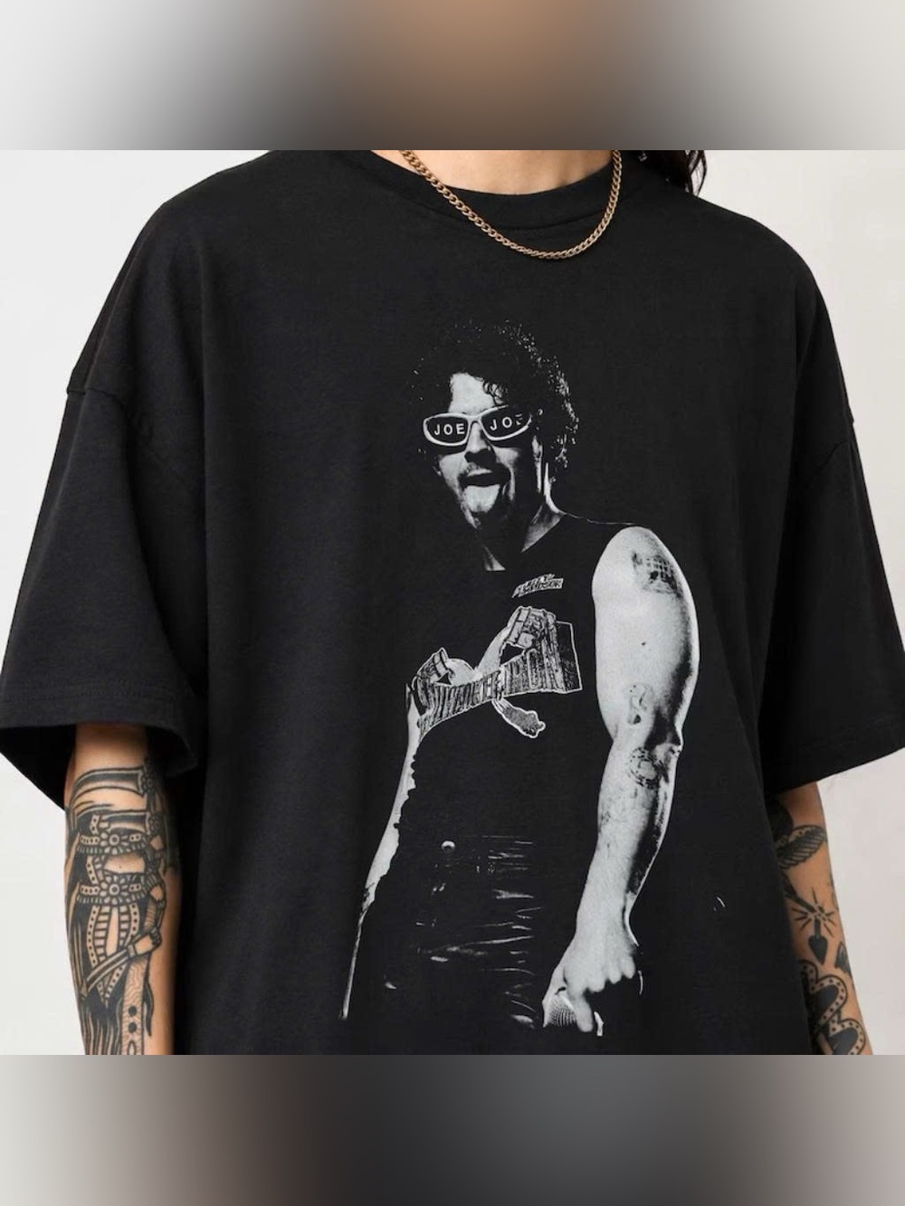Vintage Black Tee with White Portrait and 'JOE' Sunglasses